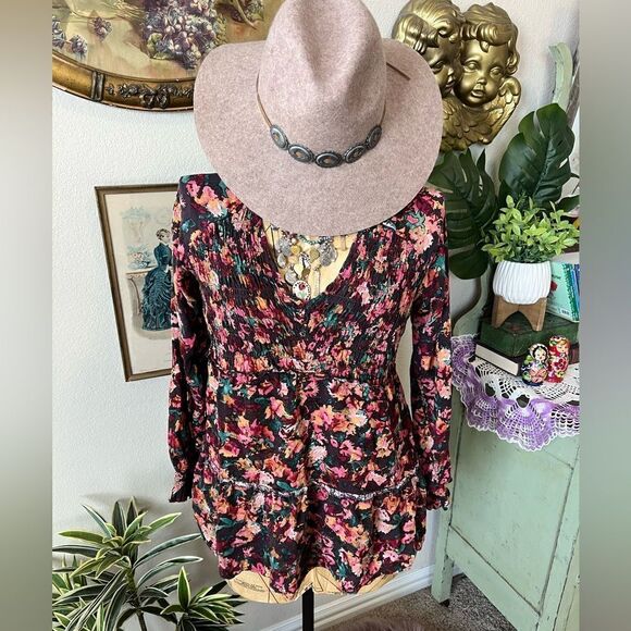 Maurice’s Floral Colorful Smocked Ruffle Balloon Sleeve Boho V Neck Blouse Sz XS - Picture 1 of 10